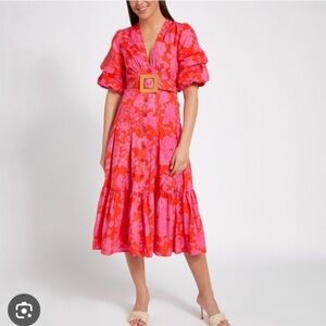 Savida Midi Dress NWT Red Pink Floral Puff Sleeve Belted Midi Tiered Ruffle